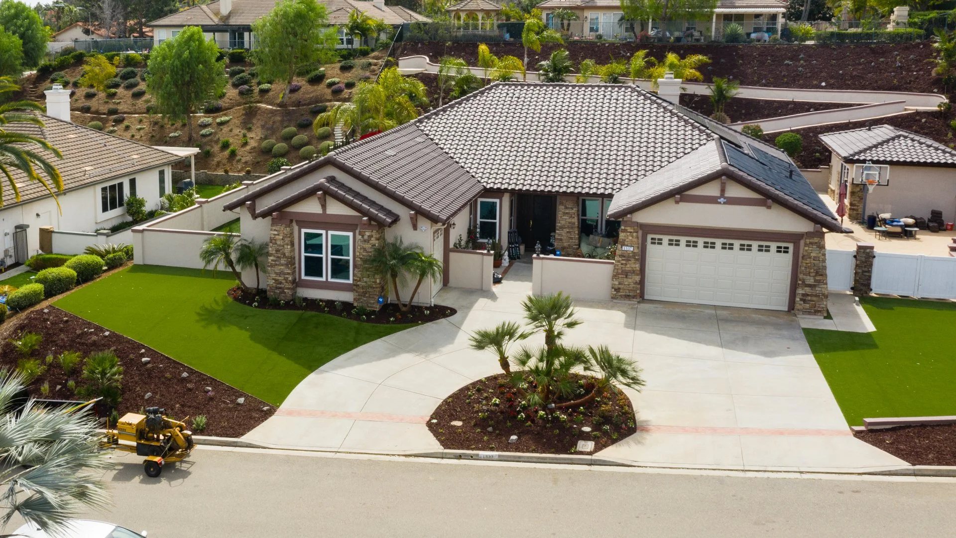 Aerial view of landscaping project at home in Encinitas, CA.