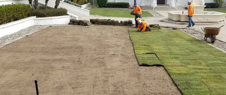Workers installing sod for a house in Encinitas, CA.
