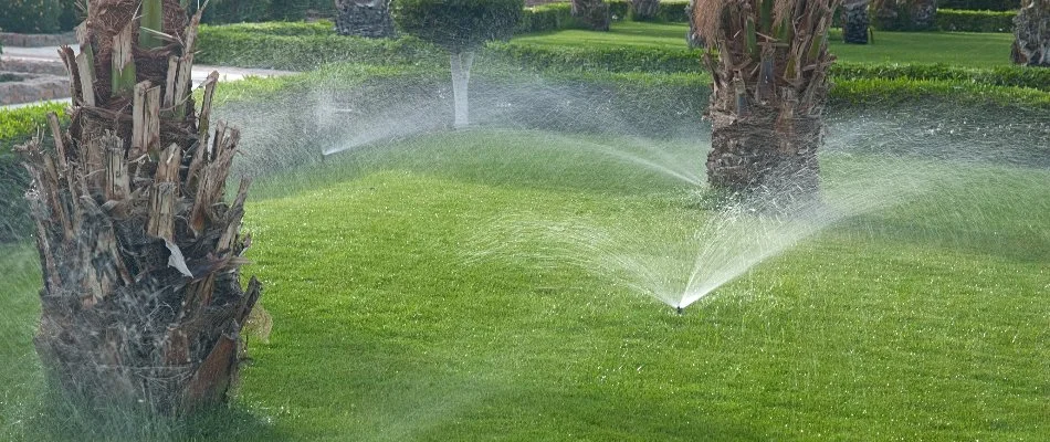 Irrigation system running on a lawn in Encinitas, CA.