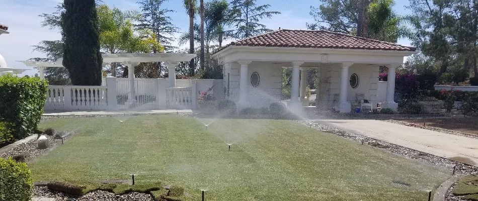 Running sprinkler system on a lawn in California.